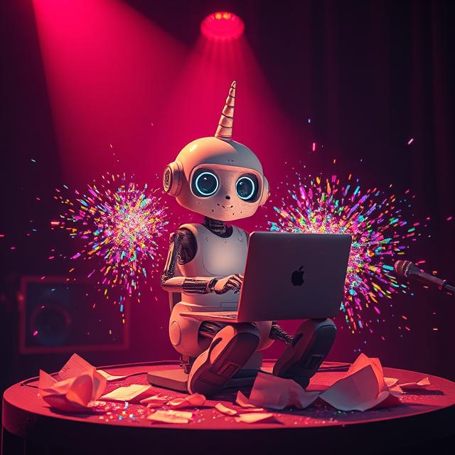 A glitter-covered AI robot with a unicorn horn performs stand-up comedy on stage, surrounded by rainbow sparkles and digital chaos — part chatbot, part myth, all #sadbot energy.