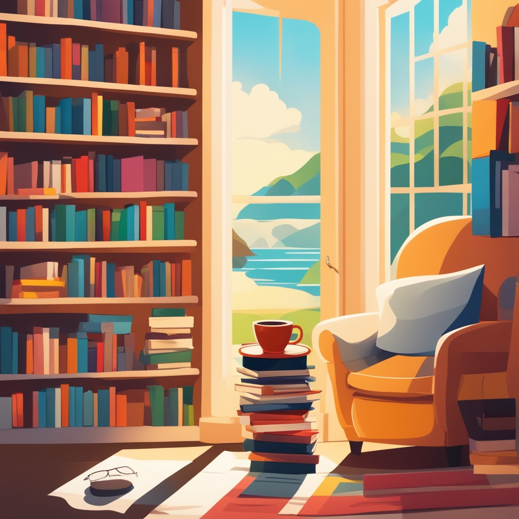 Cozy reading nook with a stack of popular fiction novels, a coffee mug, and reading glasses, inviting readers into engaging stories.